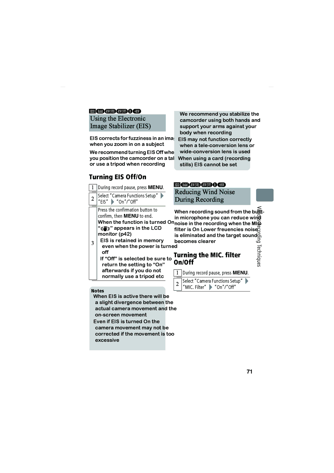 Hitachi DZ-HS803A, DZ-HS903A Turning EIS Off/On, Turning the MIC. filter On/Off, Using the Electronic Image Stabilizer EIS 