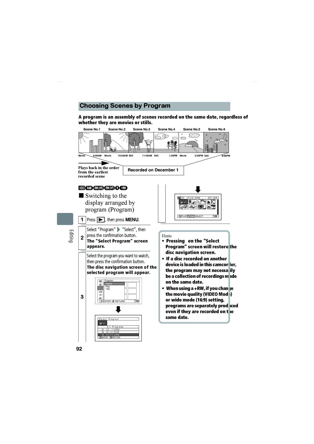 Hitachi DZ-HS903A, DZ-HS803A Choosing Scenes by Program, „ Switching to the display arranged by program Program 