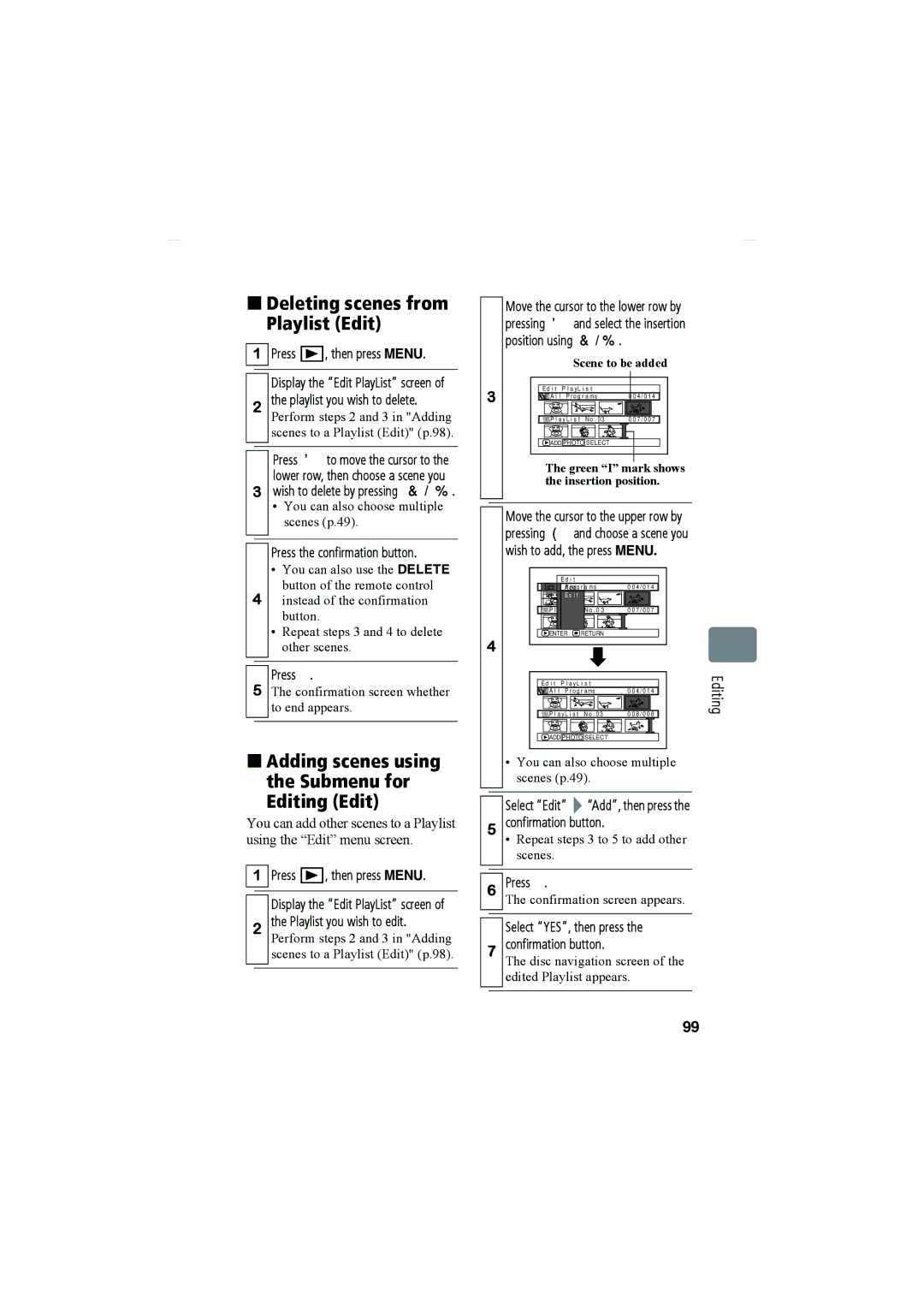 Hitachi DZ-HS803A, DZ-HS903A instruction manual „ Deleting scenes from Playlist Edit, Editing Edit 