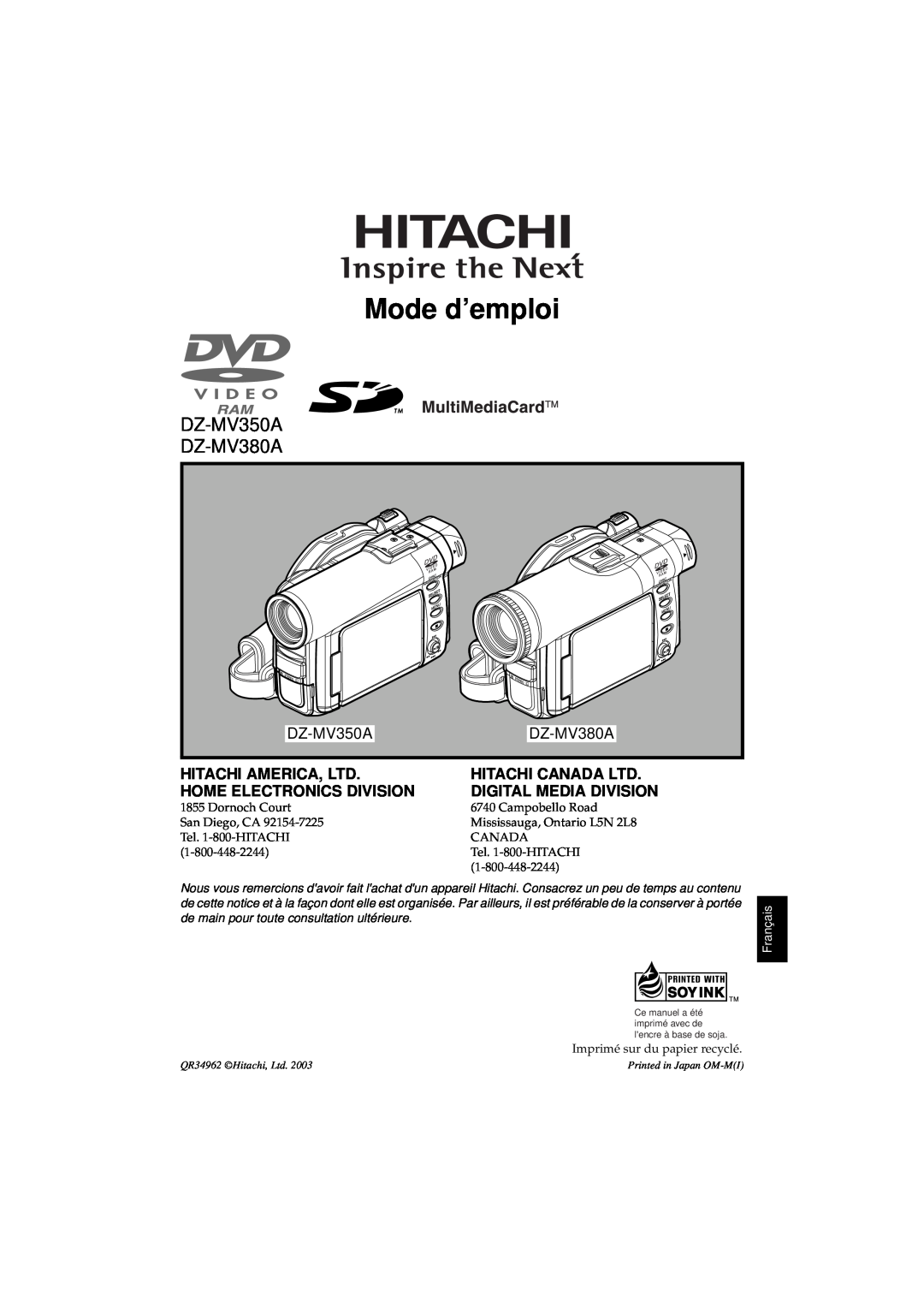 Hitachi DZ-MV380A manual Mode d’emploi, Home Electronics Division, Digital Media Division, DZ-MV350A, Ce manuel a été 
