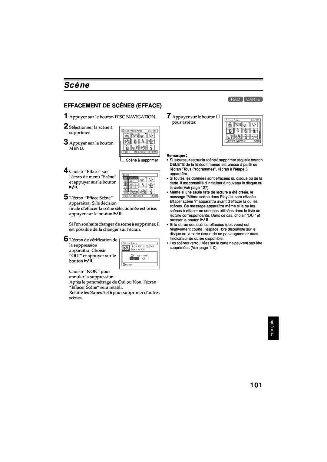 Hitachi DZ-MV380A manual Effacement De Scènes Efface, Français 