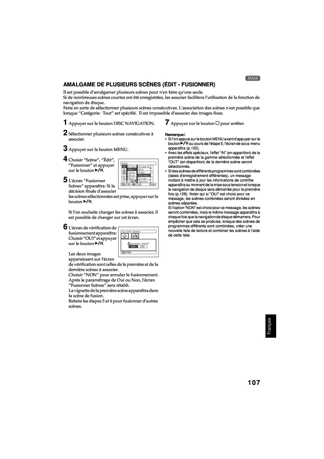 Hitachi DZ-MV380A manual Amalgame De Plusieurs Scènes Édit - Fusionner, Français, Fu s i onn er 