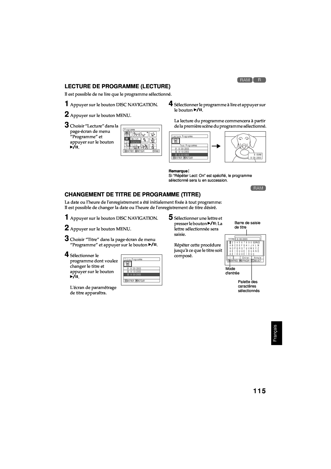 Hitachi DZ-MV380A Lecture De Programme Lecture, Changement De Titre De Programme Titre, Français, Barre de saisie de titre 