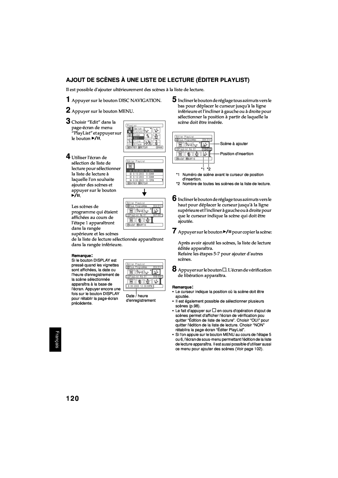 Hitachi DZ-MV380A manual Ajout De Scènes À Une Liste De Lecture Éditer Playlist, Français, 01 8 / 3 0 / 2003 12 3 0PM 