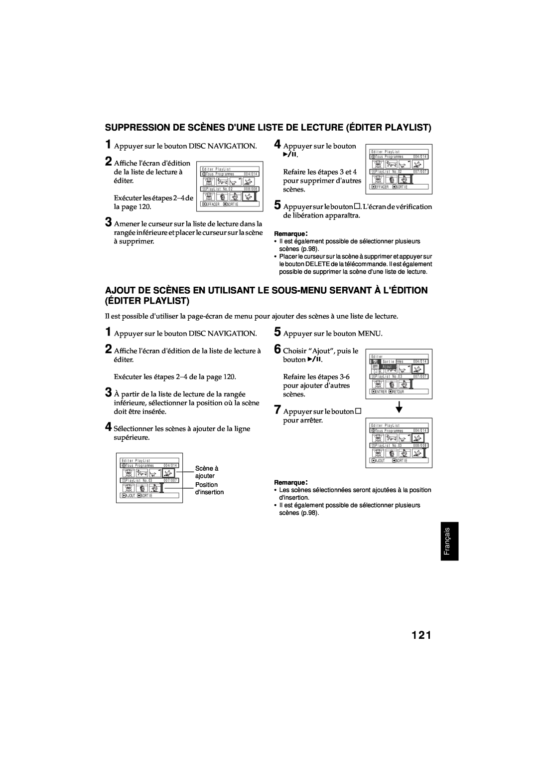 Hitachi DZ-MV380A manual Suppression De Scènes Dune Liste De Lecture Éditer Playlist, Français, A j out 