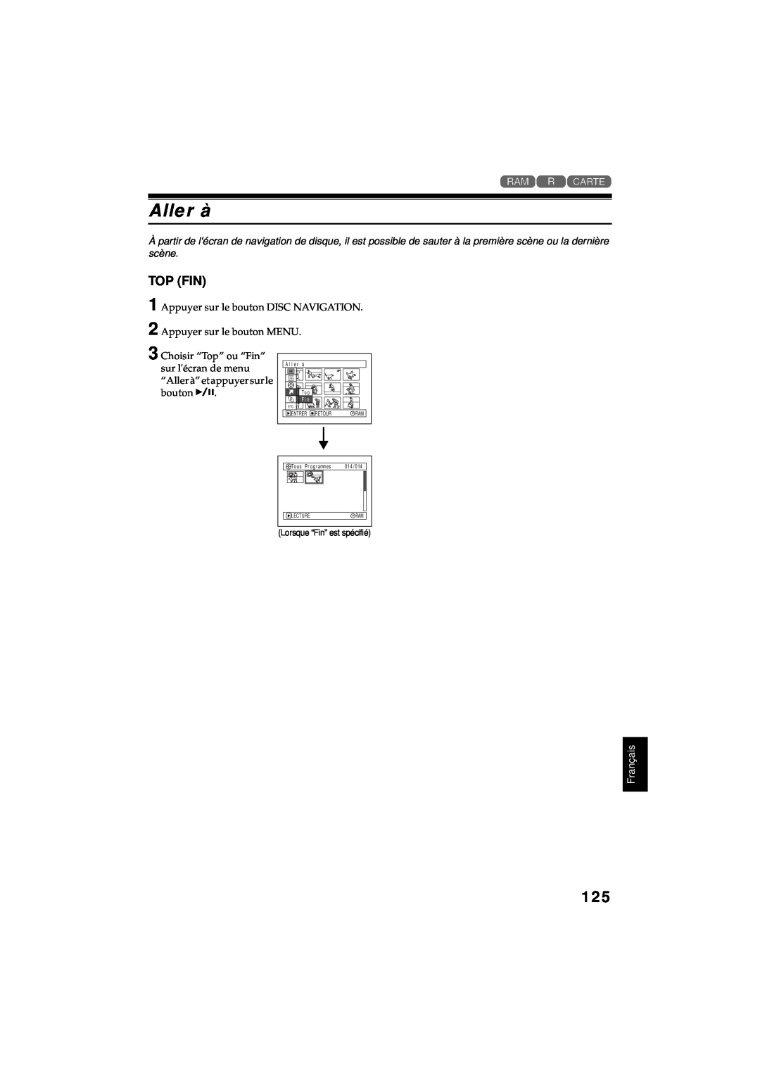 Hitachi DZ-MV380A manual Aller à, Top Fin, Français, F i n 