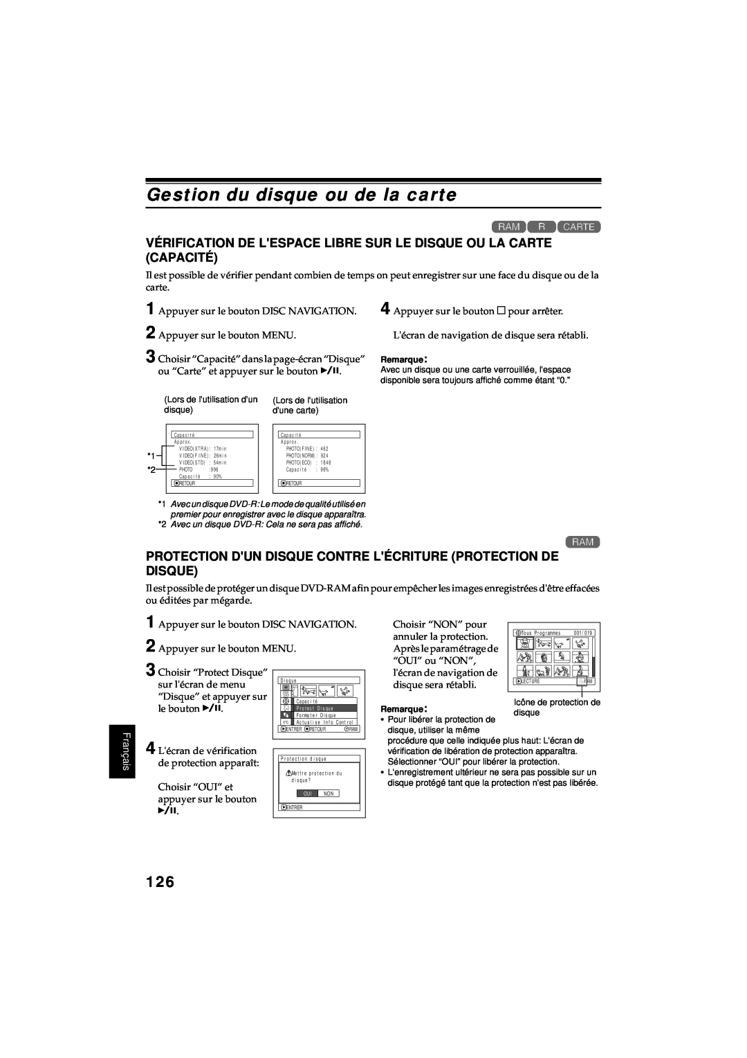 Hitachi DZ-MV380A manual Gestion du disque ou de la carte, Vérification De Lespace Libre Sur Le Disque Ou La Carte Capacité 
