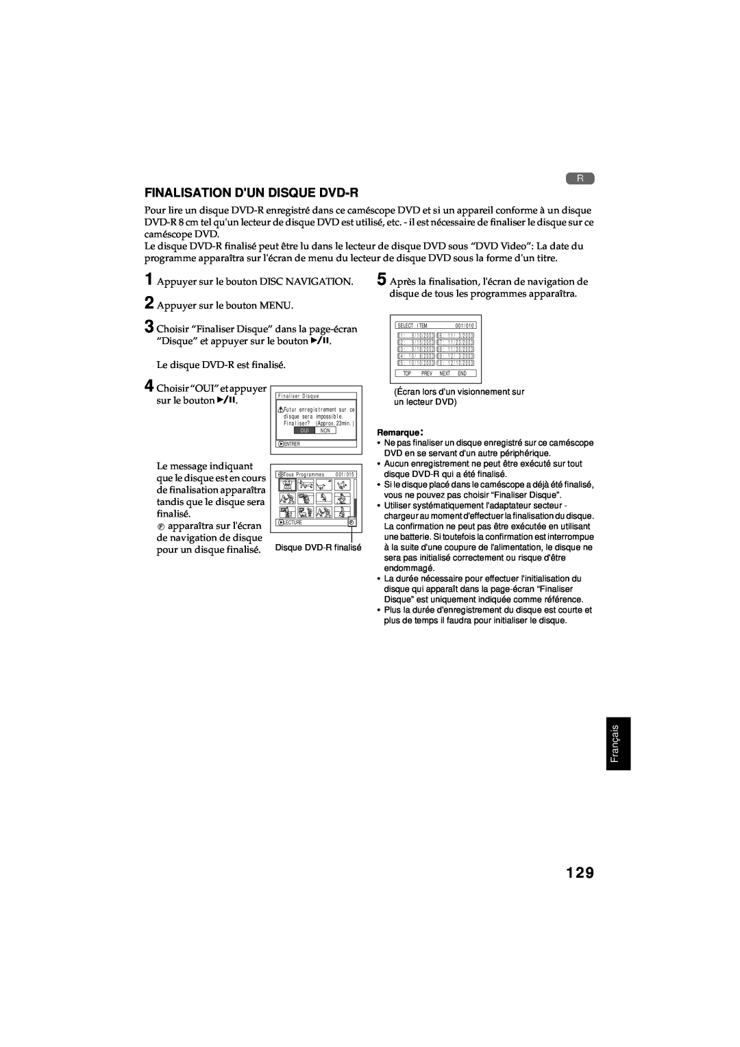 Hitachi DZ-MV380A manual Finalisation Dun Disque Dvd-R, Français 
