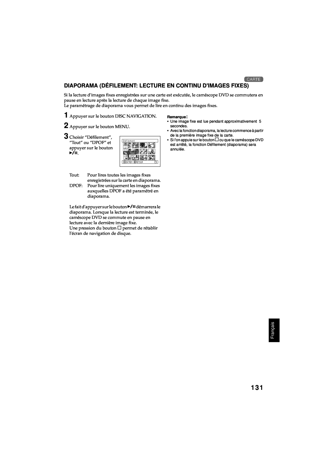 Hitachi DZ-MV380A manual Diaporama Défilement Lecture En Continu Dimages Fixes, Français, secondes, annulée 