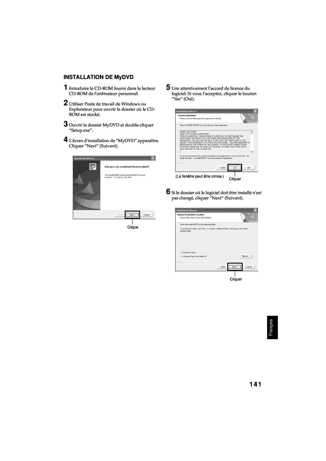 Hitachi DZ-MV380A manual INSTALLATION DE MyDVD, Français, La fenêtre peut être omise Cliquer, Clique Cliquer 