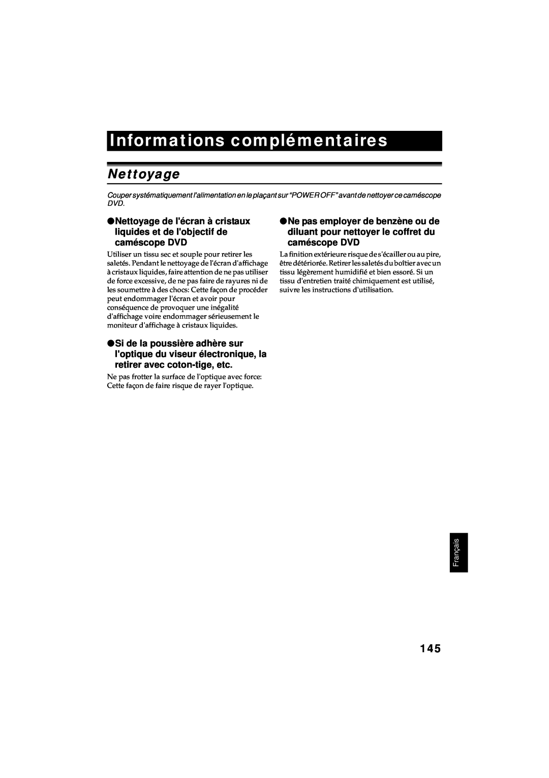 Hitachi DZ-MV380A manual Informations complémentaires, Nettoyage 