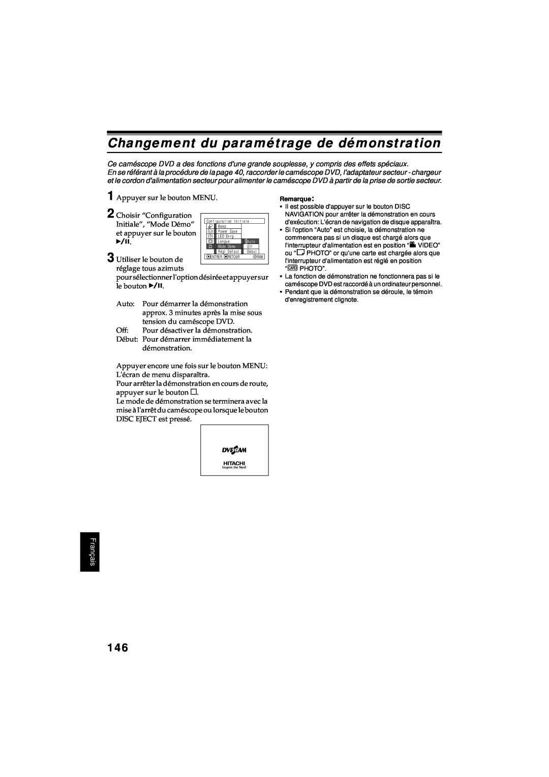 Hitachi DZ-MV380A manual Changement du paramétrage de démonstration, Français 
