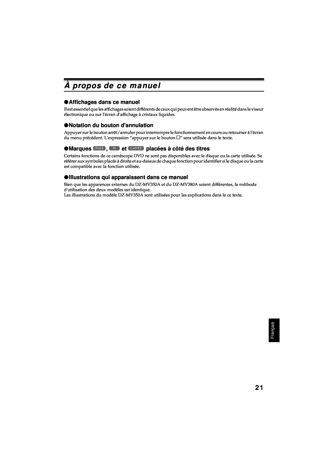 Hitachi DZ-MV380A manual À propos de ce manuel, Affichages dans ce manuel, Notation du bouton dannulation, Français 