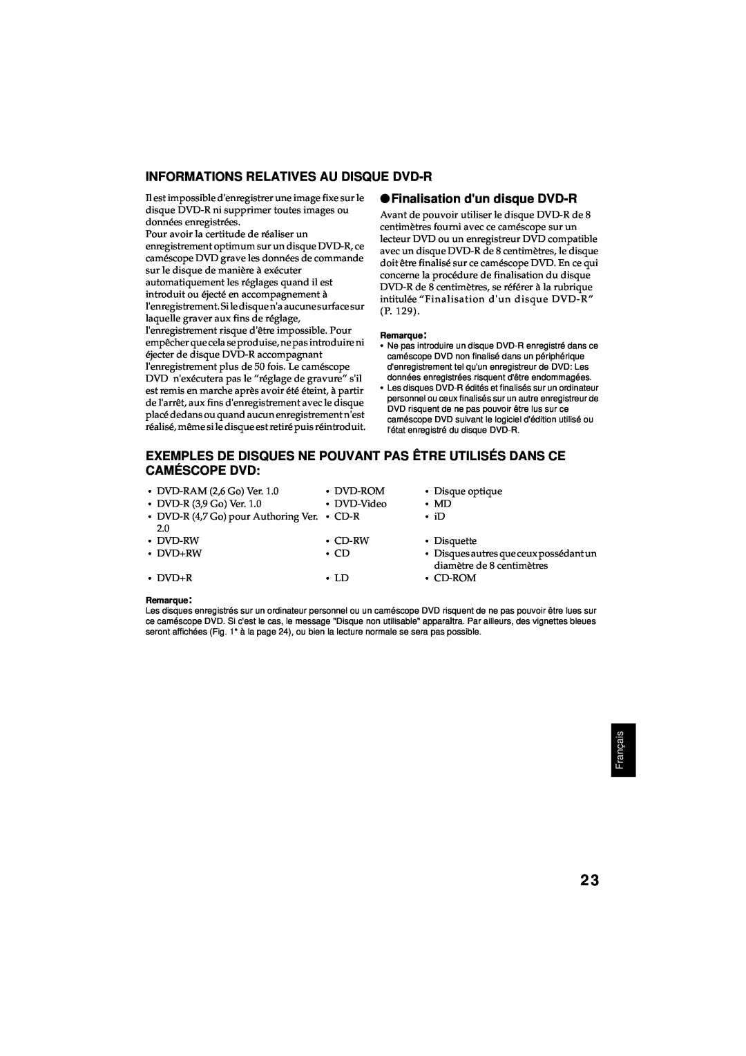 Hitachi DZ-MV380A manual Informations Relatives Au Disque Dvd-R, Finalisation dun disque DVD-R, Français 