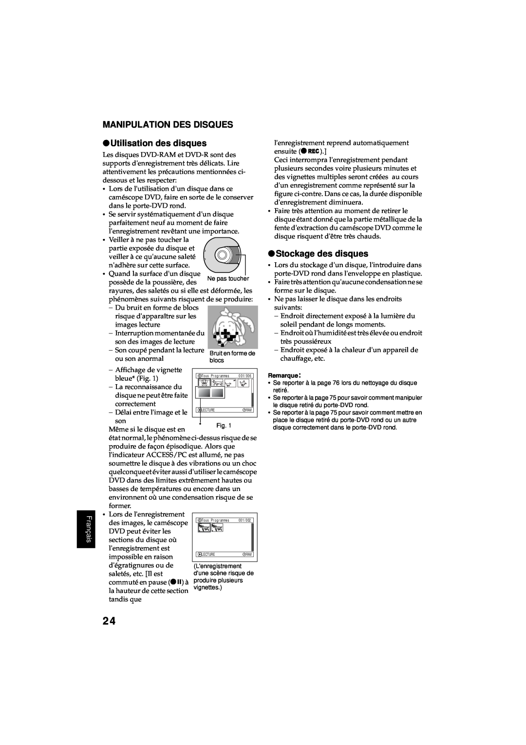 Hitachi DZ-MV380A manual MANIPULATION DES DISQUES Utilisation des disques, Stockage des disques, Français 