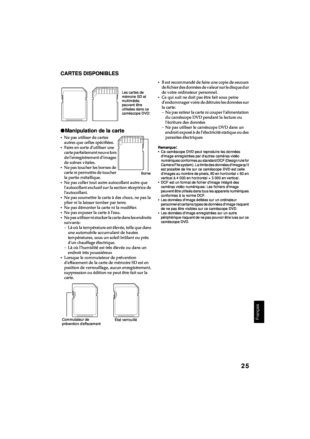 Hitachi DZ-MV380A manual Cartes Disponibles, Manipulation de la carte, Français 