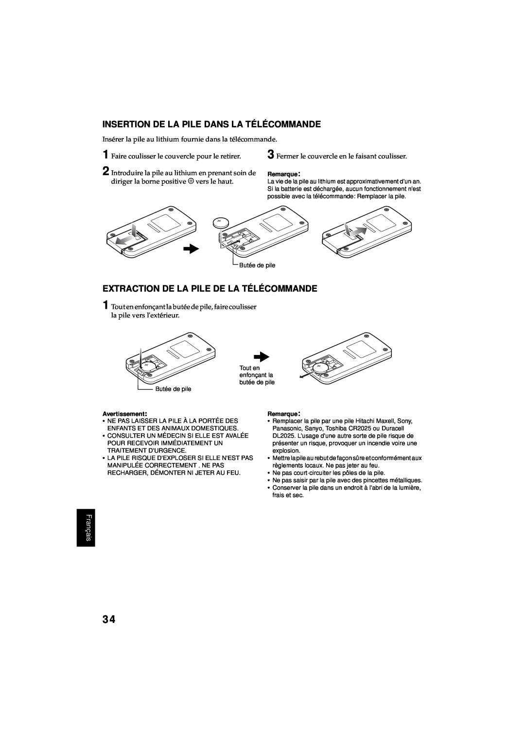 Hitachi DZ-MV380A Insertion De La Pile Dans La Télécommande, Extraction De La Pile De La Télécommande, Français, Remarque 