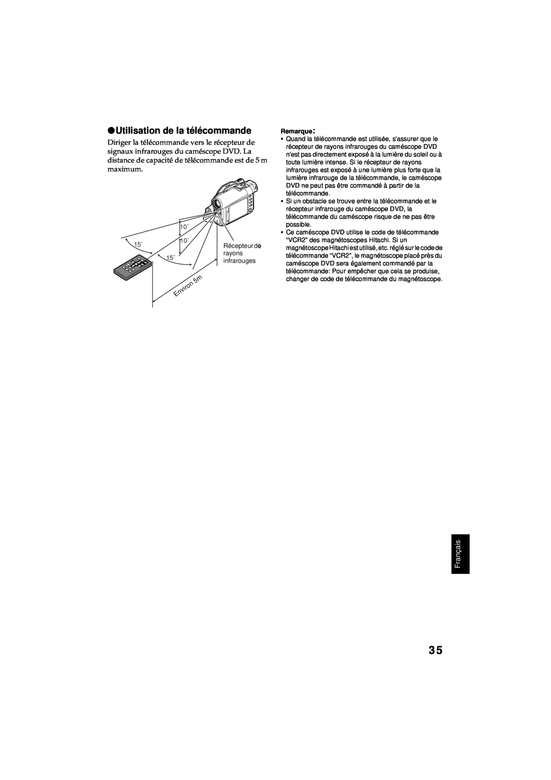 Hitachi DZ-MV380A manual Utilisation de la télécommande, Français, Remarque 