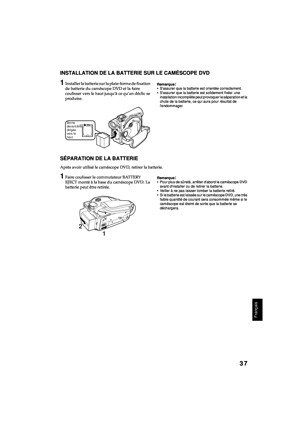 Hitachi DZ-MV380A manual Installation De La Batterie Sur Le Caméscope Dvd, Séparation De La Batterie, Français 