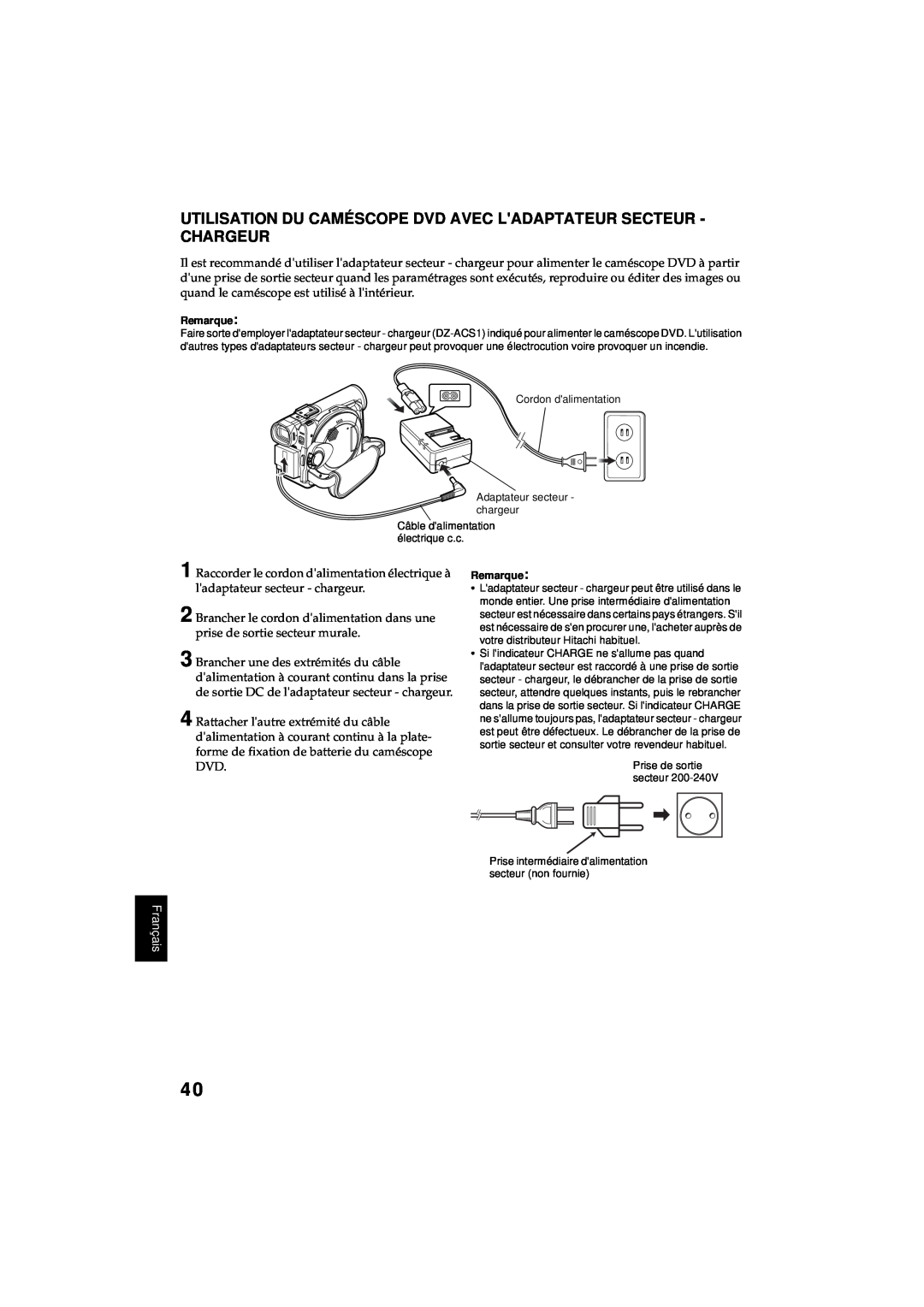 Hitachi DZ-MV380A Utilisation Du Caméscope Dvd Avec Ladaptateur Secteur - Chargeur, Français, Prise de sortie secteur 