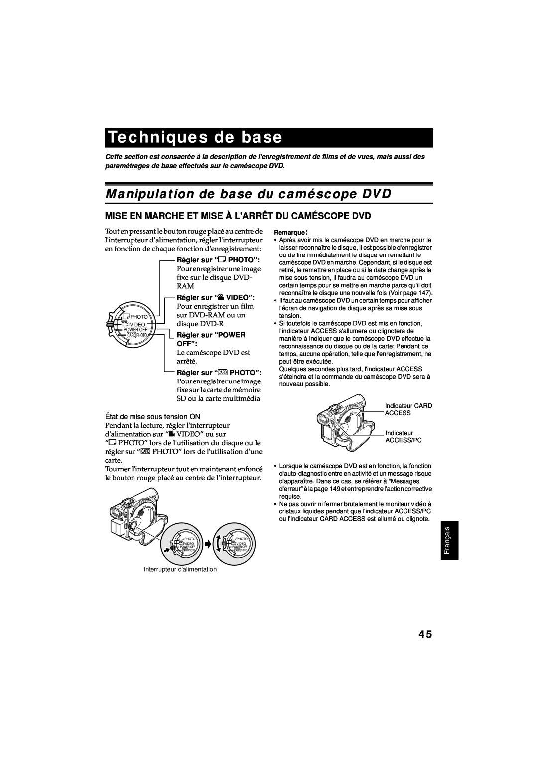Hitachi DZ-MV380A manual Techniques de base, Manipulation de base du caméscope DVD, Régler sur “POWER OFF”, Français 