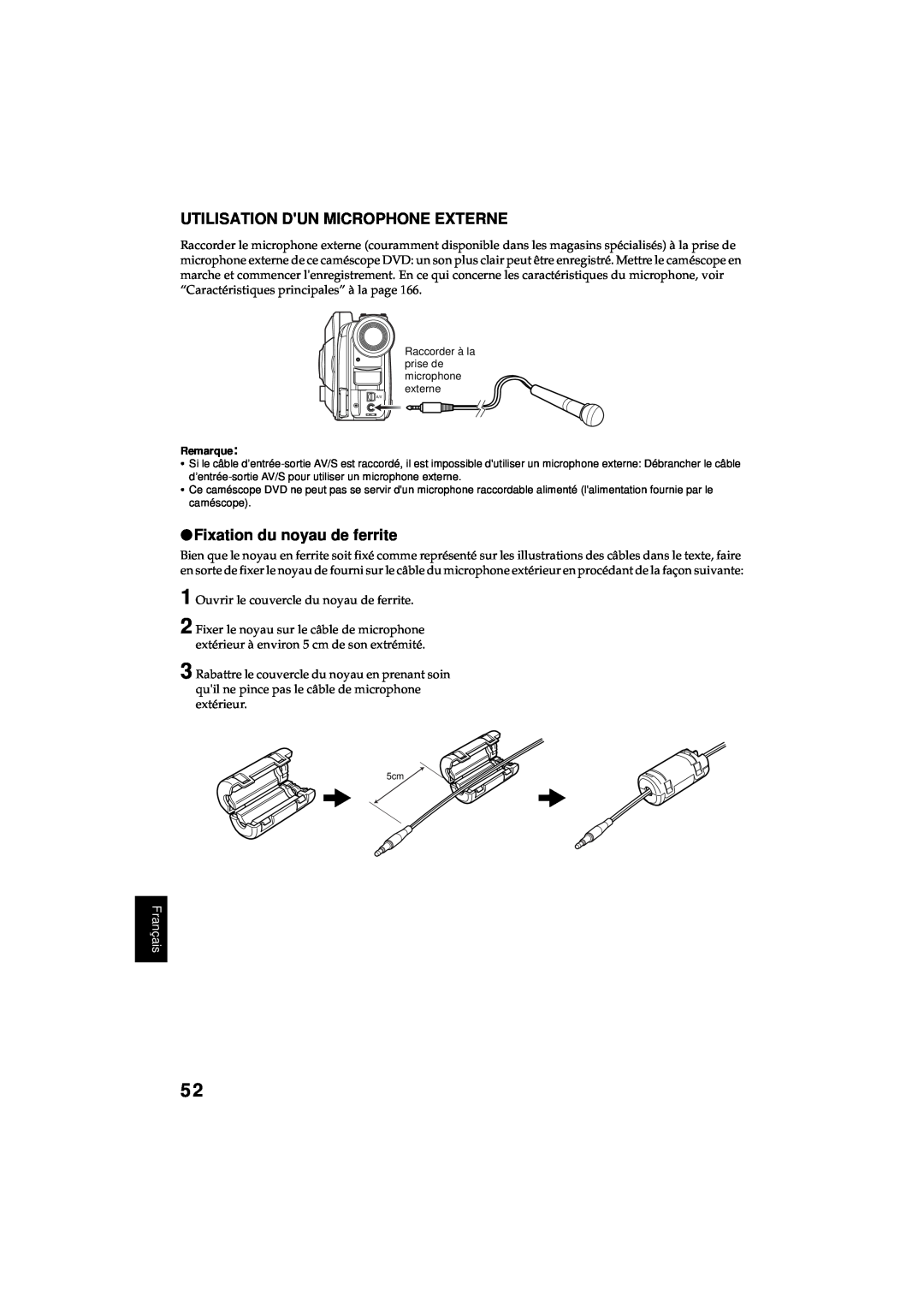 Hitachi DZ-MV380A manual Utilisation Dun Microphone Externe, Fixation du noyau de ferrite, Français 