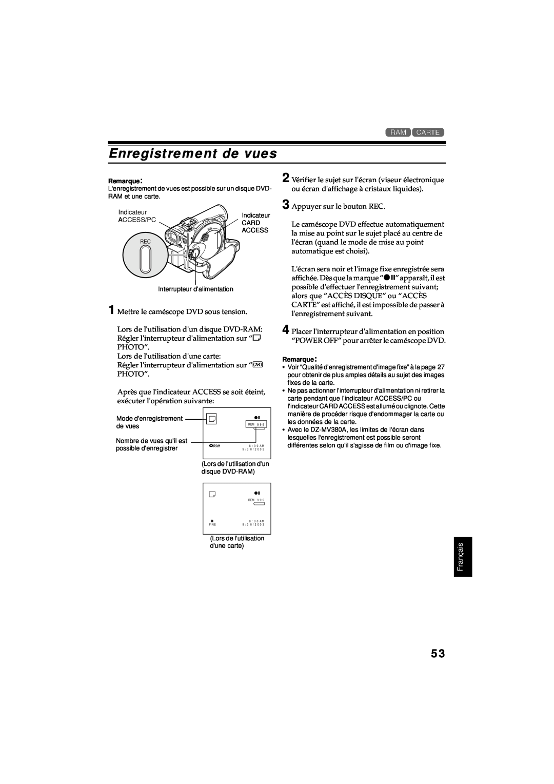 Hitachi DZ-MV380A manual Enregistrement de vues, Français, REM 9 9, 8 0 0 AM 