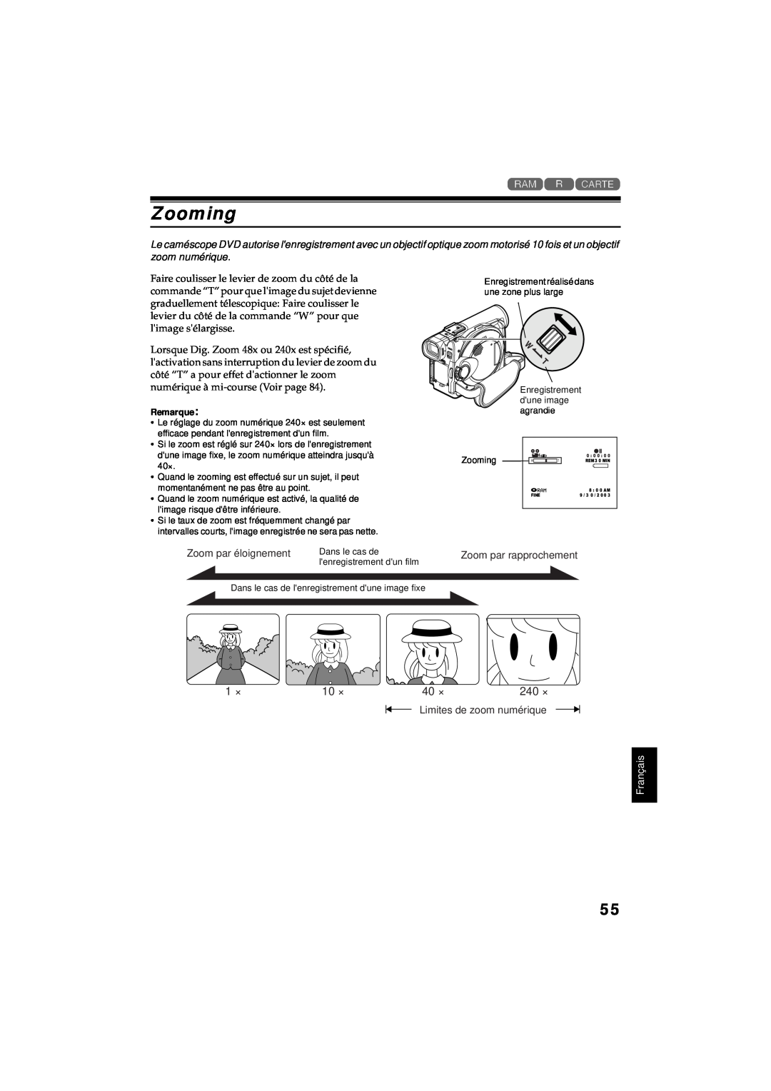 Hitachi DZ-MV380A manual Zooming, 10 ×, 240 ×, Zoom par éloignement, Zoom par rapprochement, Limites de zoom numérique 