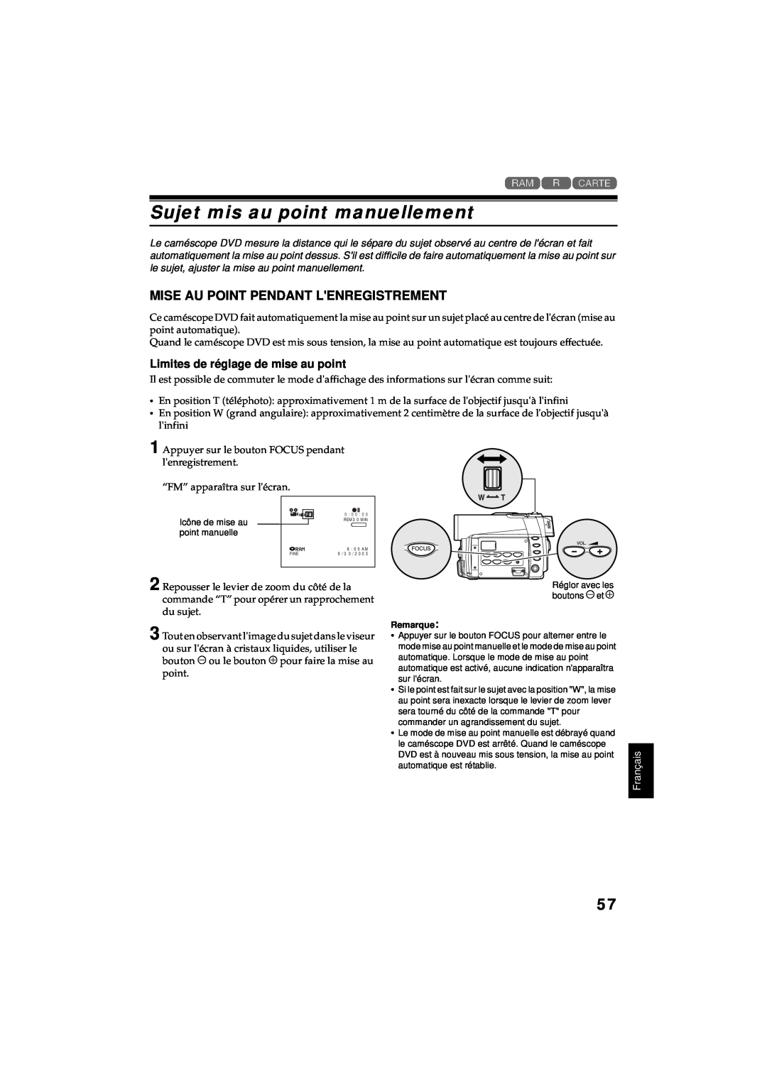 Hitachi DZ-MV380A manual Français, Icône de mise au, point manuelle, Réglor avec les boutons et, Remarque 