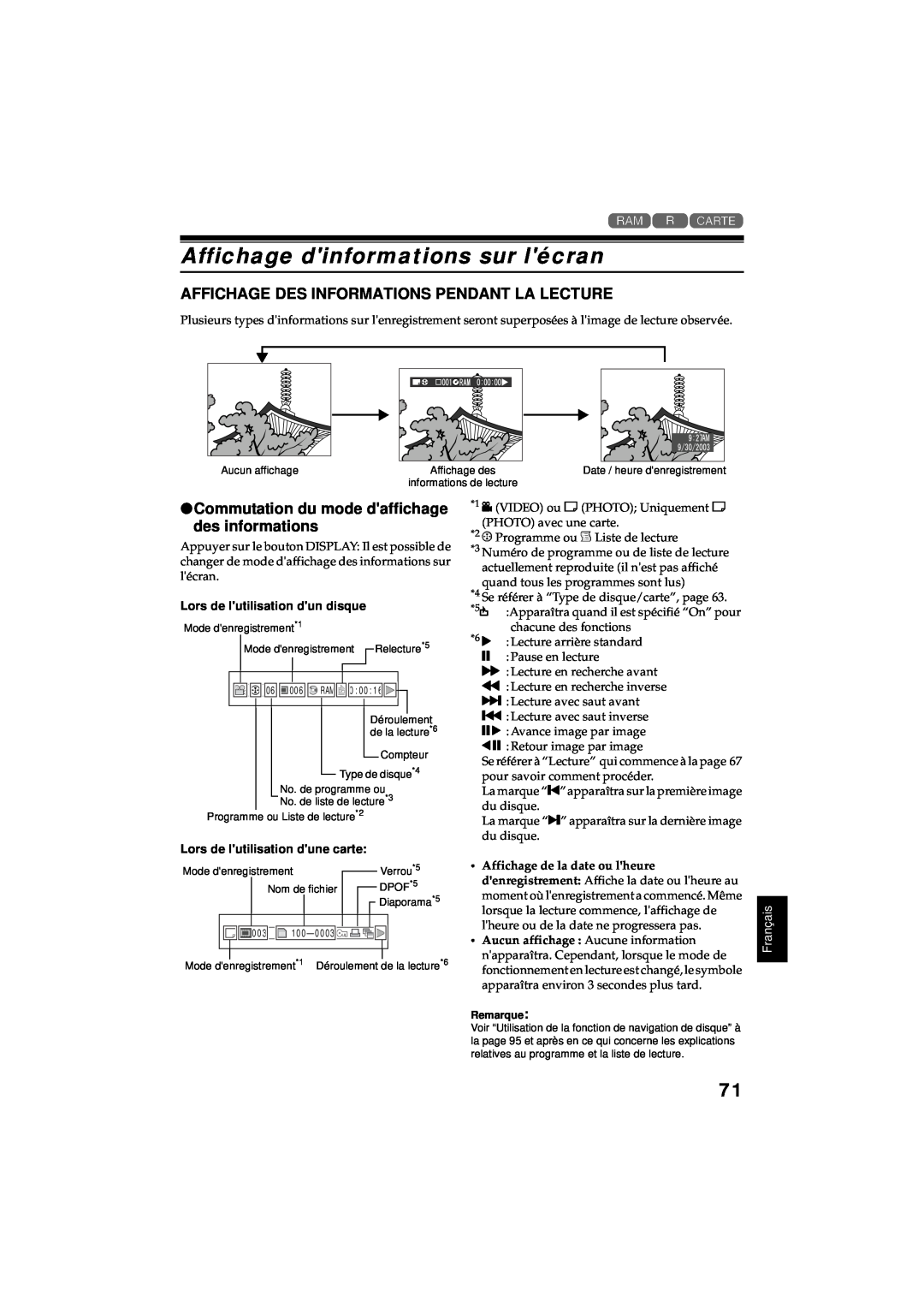 Hitachi DZ-MV380A manual Affichage dinformations sur lécran, Affichage Des Informations Pendant La Lecture, Français 