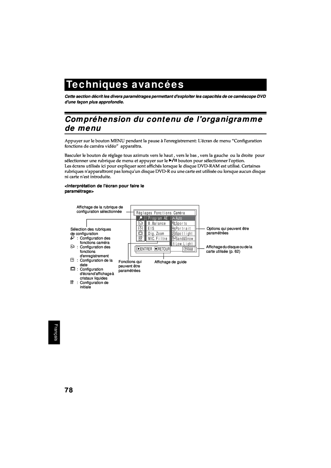 Hitachi DZ-MV380A manual Techniques avancées, Compréhension du contenu de lorganigramme de menu, Français 