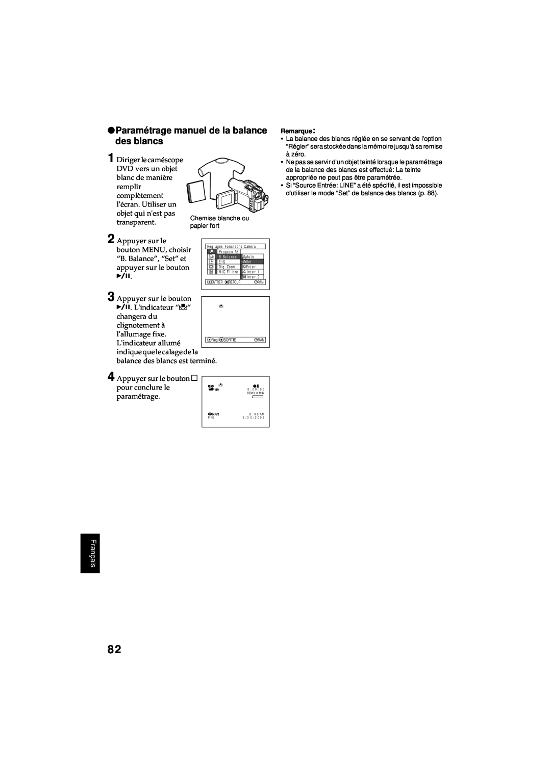 Hitachi DZ-MV380A manual Paramétrage manuel de la balance des blancs, Français 