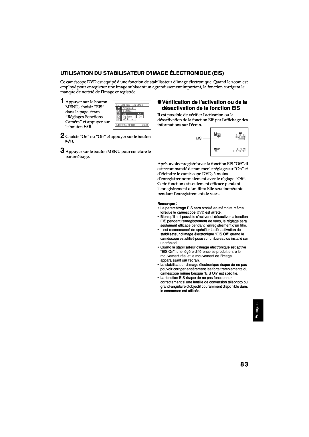 Hitachi DZ-MV380A manual Utilisation Du Stabilisateur Dimage Électronique Eis, Français, E I S 