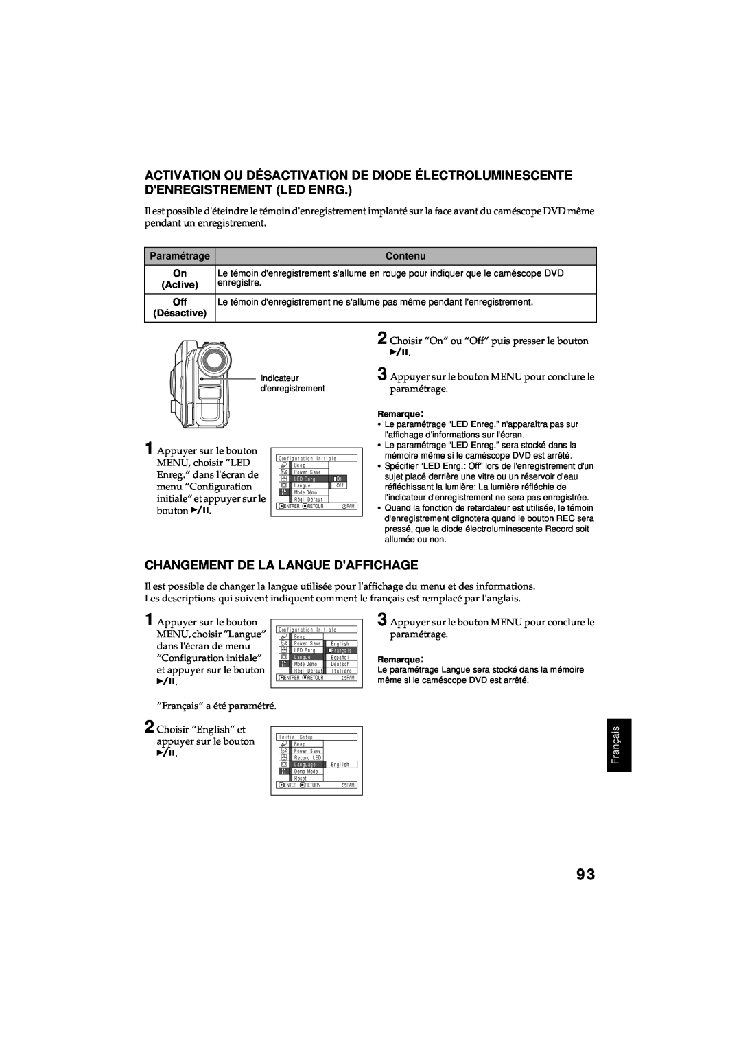 Hitachi DZ-MV380A manual Changement De La Langue Daffichage, Contenu, Français 