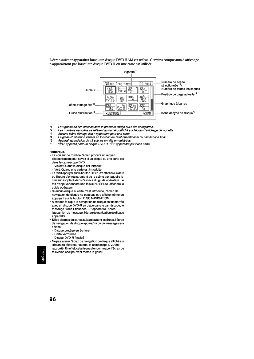 Hitachi DZ-MV380A manual Français, Lecture, Aucune icône dimage fixe napparaîtra pour une carte, Remarque 