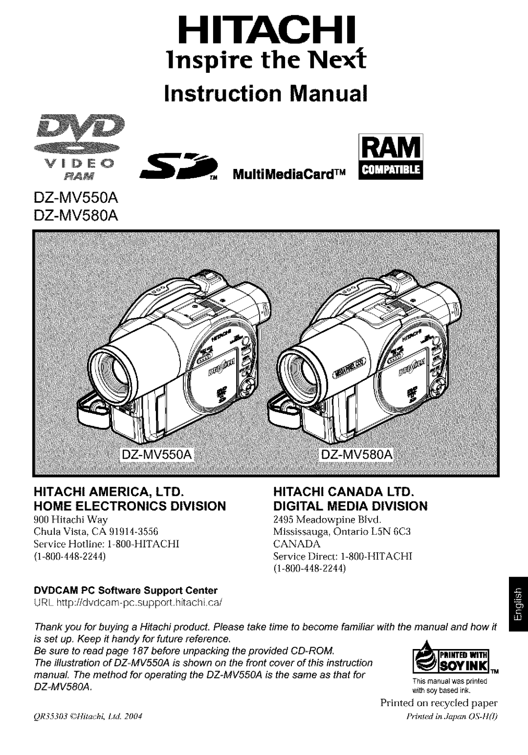 Hitachi DZ-MV580A instruction manual MultiMediaCard TM, Home Electronics Division, Hitachi, Digital Media Division 