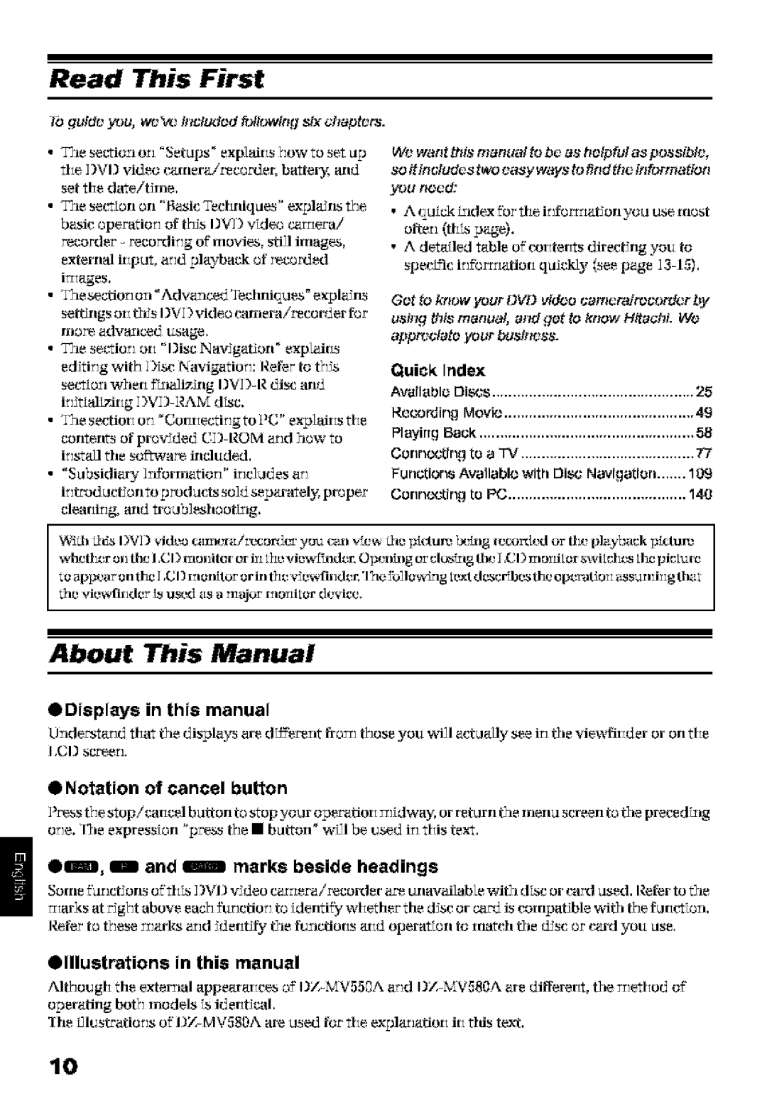 Hitachi DZ-MV580A Read This First, About This Manual, Notation of cancel button, Displays in this manual, Quick 