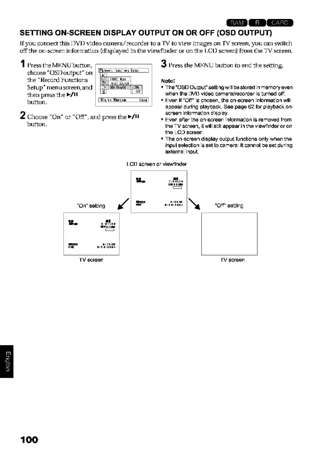 Hitachi DZ-MV580A Setting ON-SCREEN Display Output on or OFF OSD Output, Buoi, Press tile Menu buttoi to eid he settling 