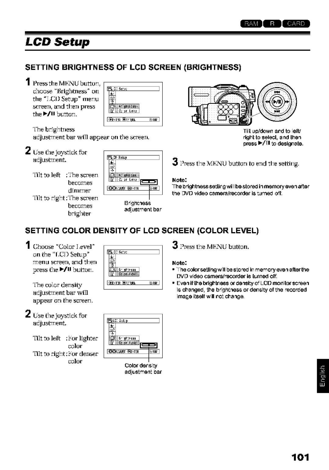 Hitachi DZ-MV580A instruction manual LCD Setup, 101, Setting Brightness of LCD Screen Brightness 