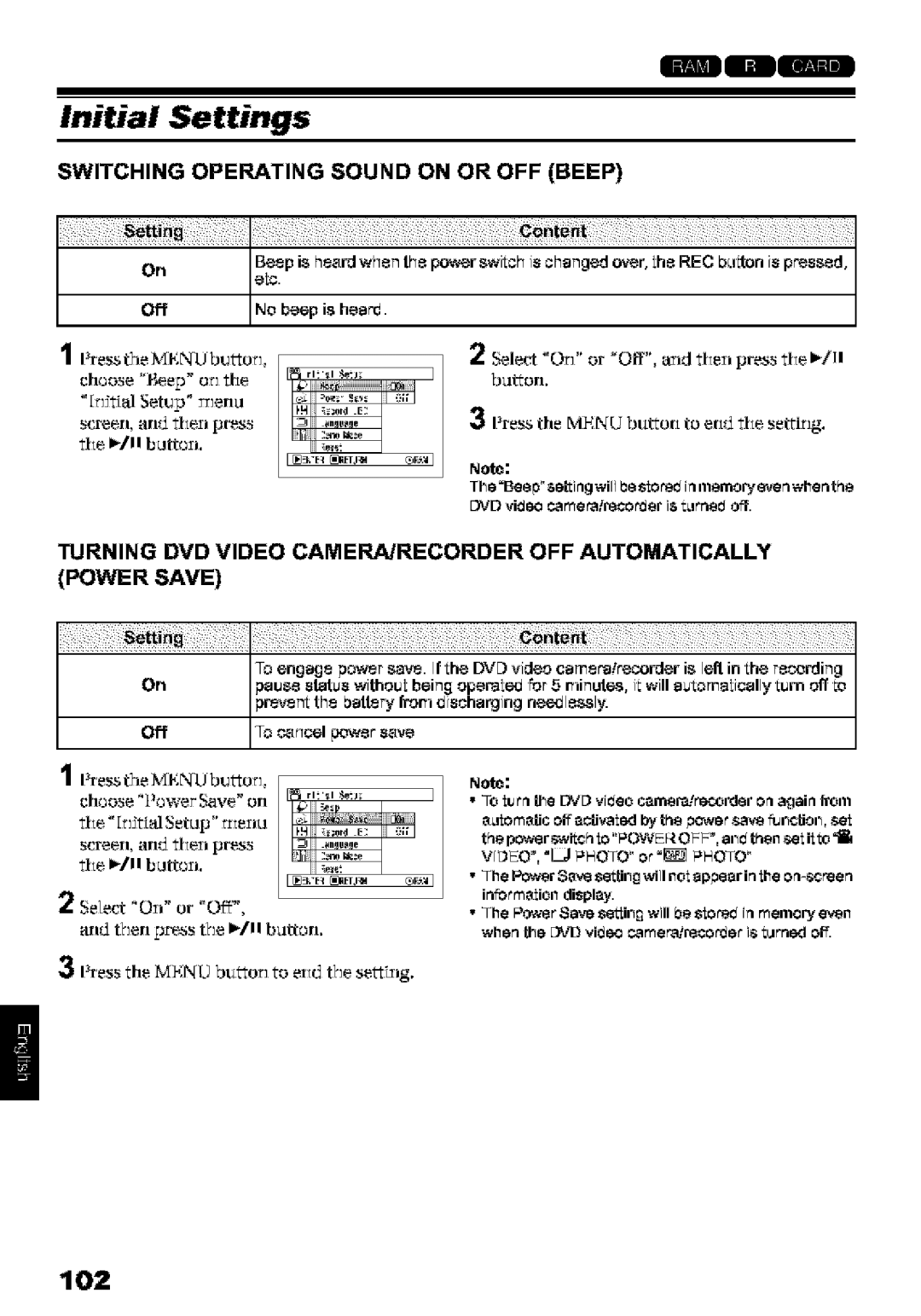 Hitachi DZ-MV580A instruction manual Initial Settings, 102, Switching Operating Sound on or OFF Beep 