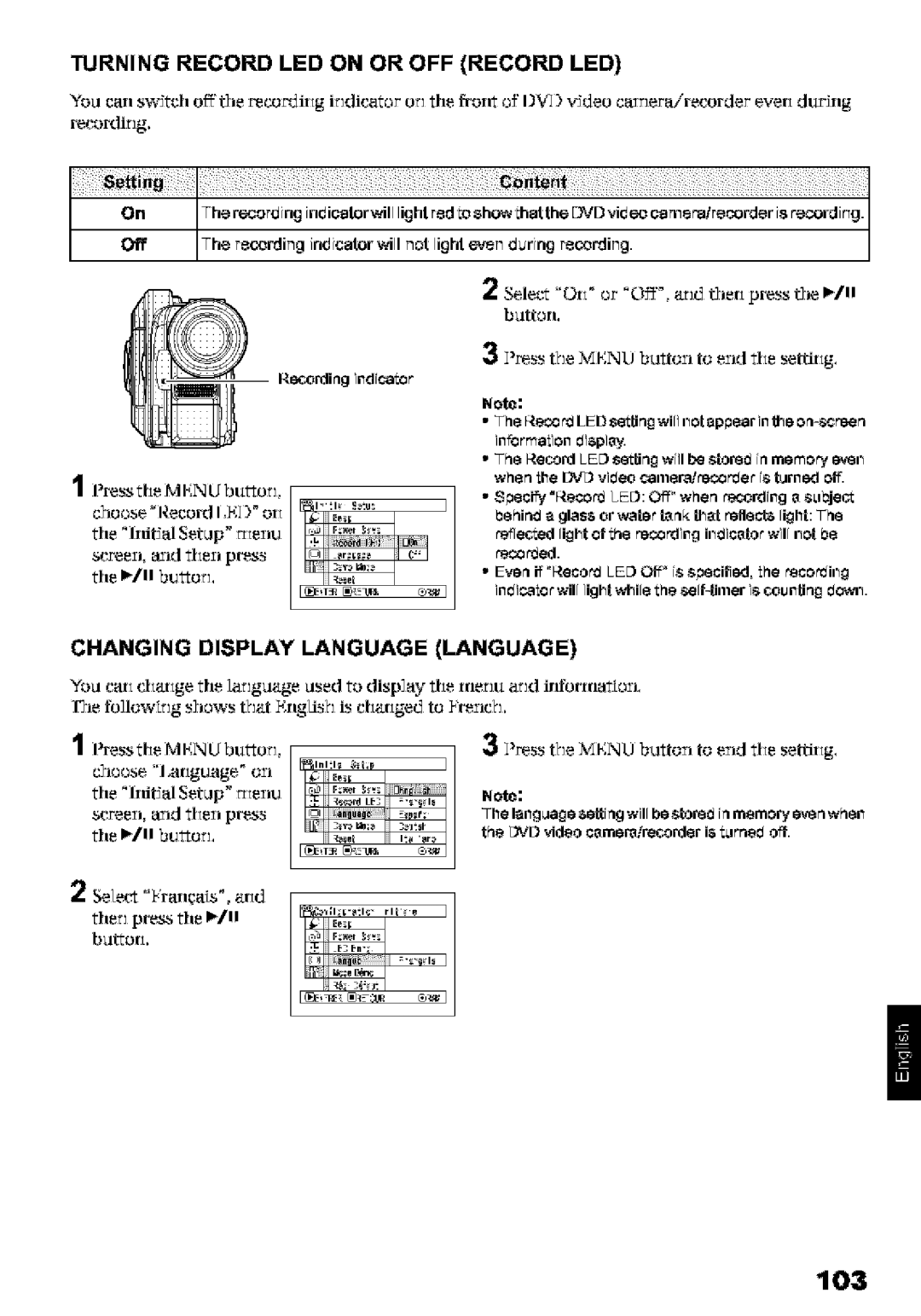 Hitachi DZ-MV580A instruction manual 103, Turning Record LED on or OFF Record LED, Changing Display Language Language 