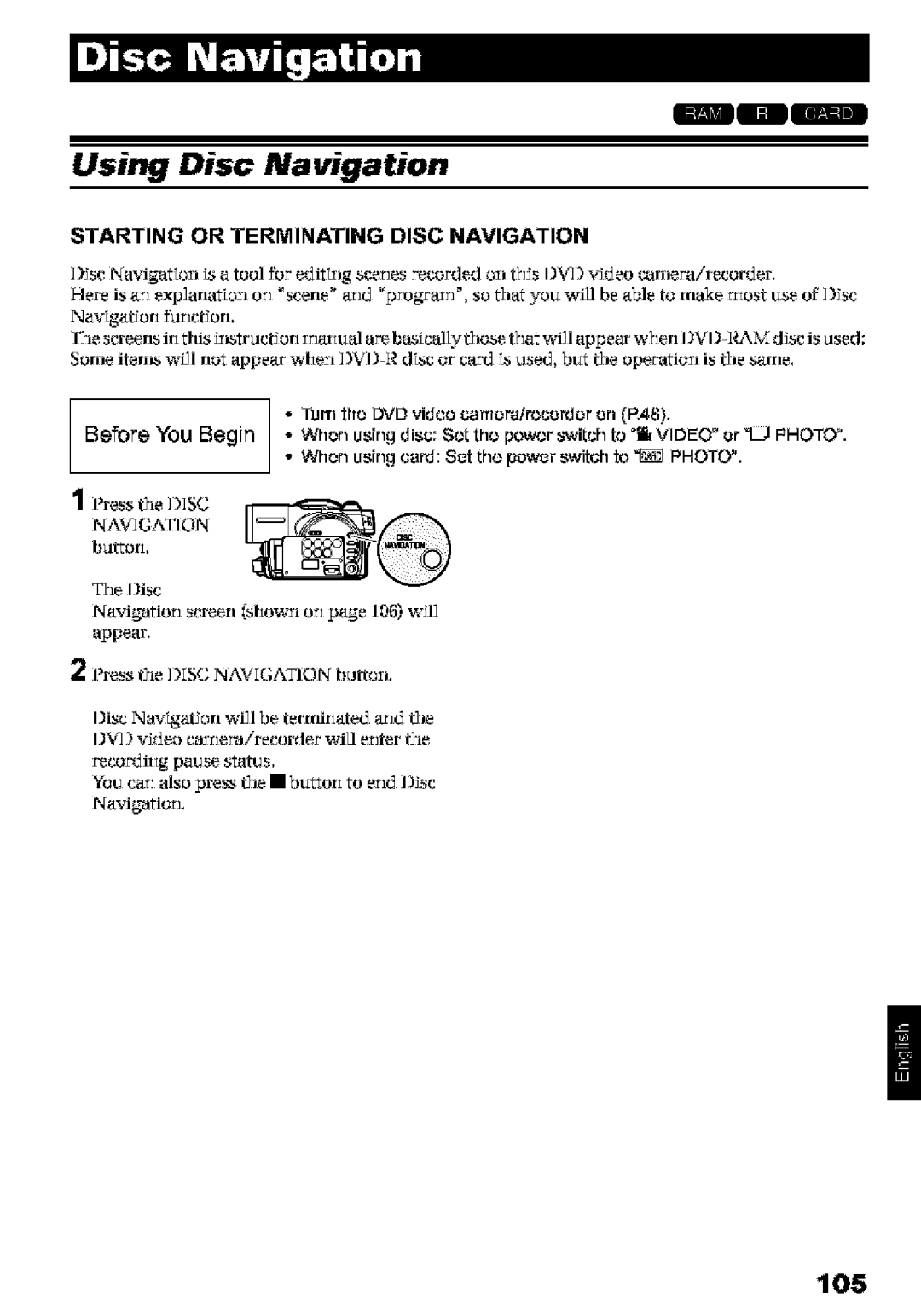 Hitachi DZ-MV580A instruction manual Using Disc Navigation, Starting or Terminating Disc Navigation, Press the SC 