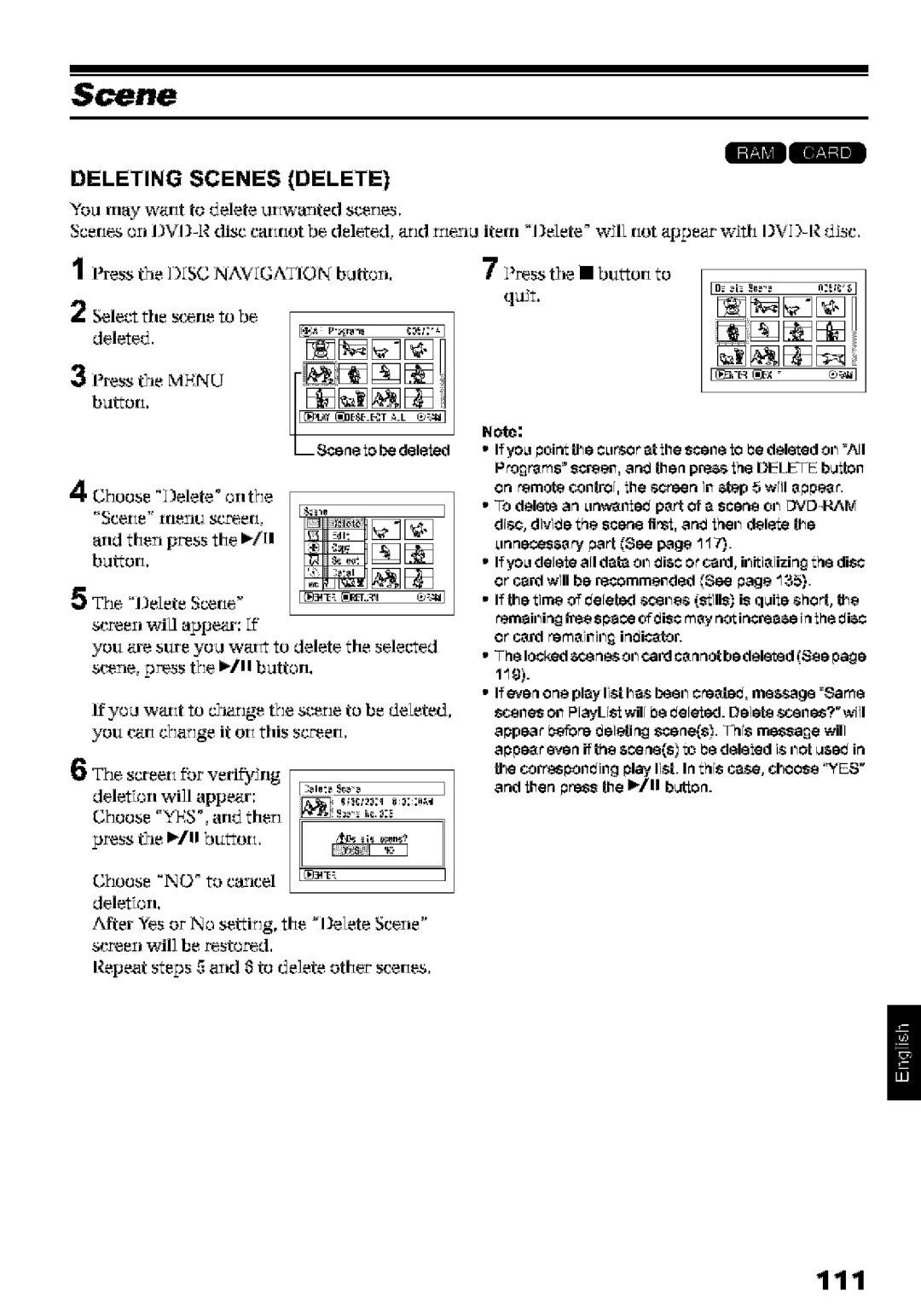 Hitachi DZ-MV580A instruction manual 111, Deleting Scenes Delete, JooseDelete ontfJe 