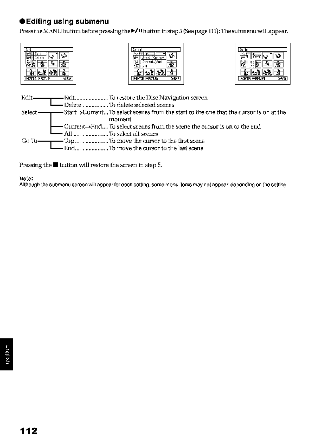 Hitachi DZ-MV580A instruction manual 112, OEditing using submenu 