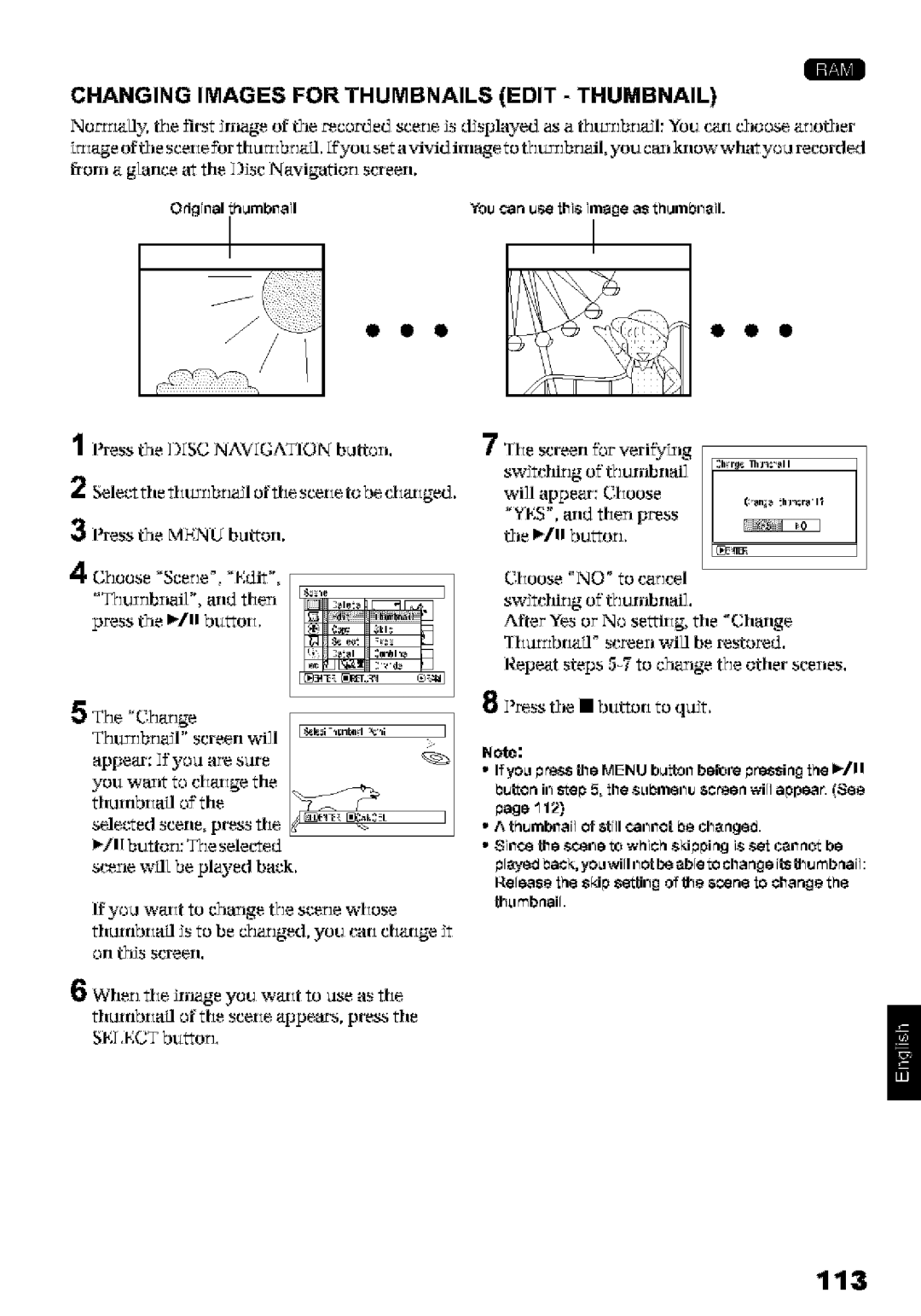 Hitachi DZ-MV580A instruction manual 113, Changing Images for Thumbnails Edit Thumbnail, Press the butor to quit 