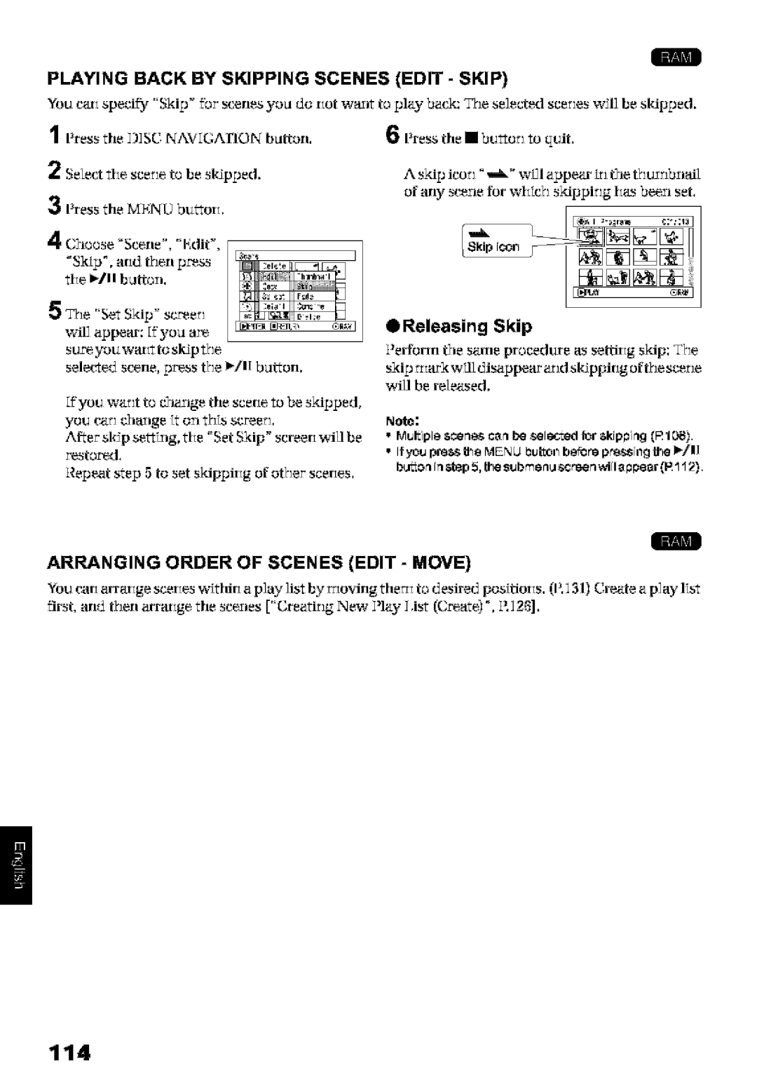Hitachi DZ-MV580A 114, Playing Back by Skipping Scenes Edit Skip, LIDReleasing Skip, Arranging Order of Scenes Edit Move 