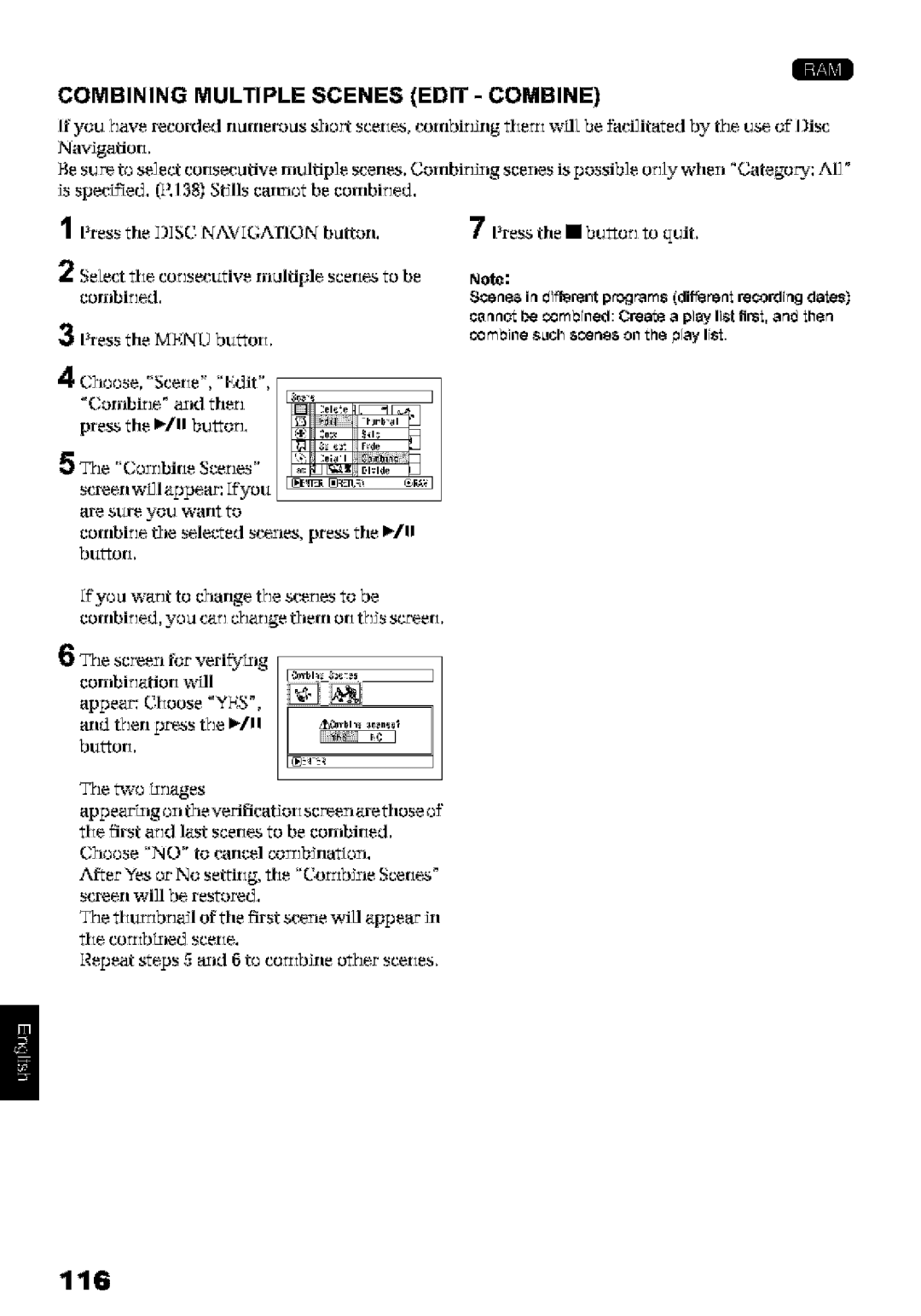 Hitachi DZ-MV580A instruction manual 116, Combining Multiple Scenes Edit Combine, Sspeckled .138 Stfils carmot be combiled 