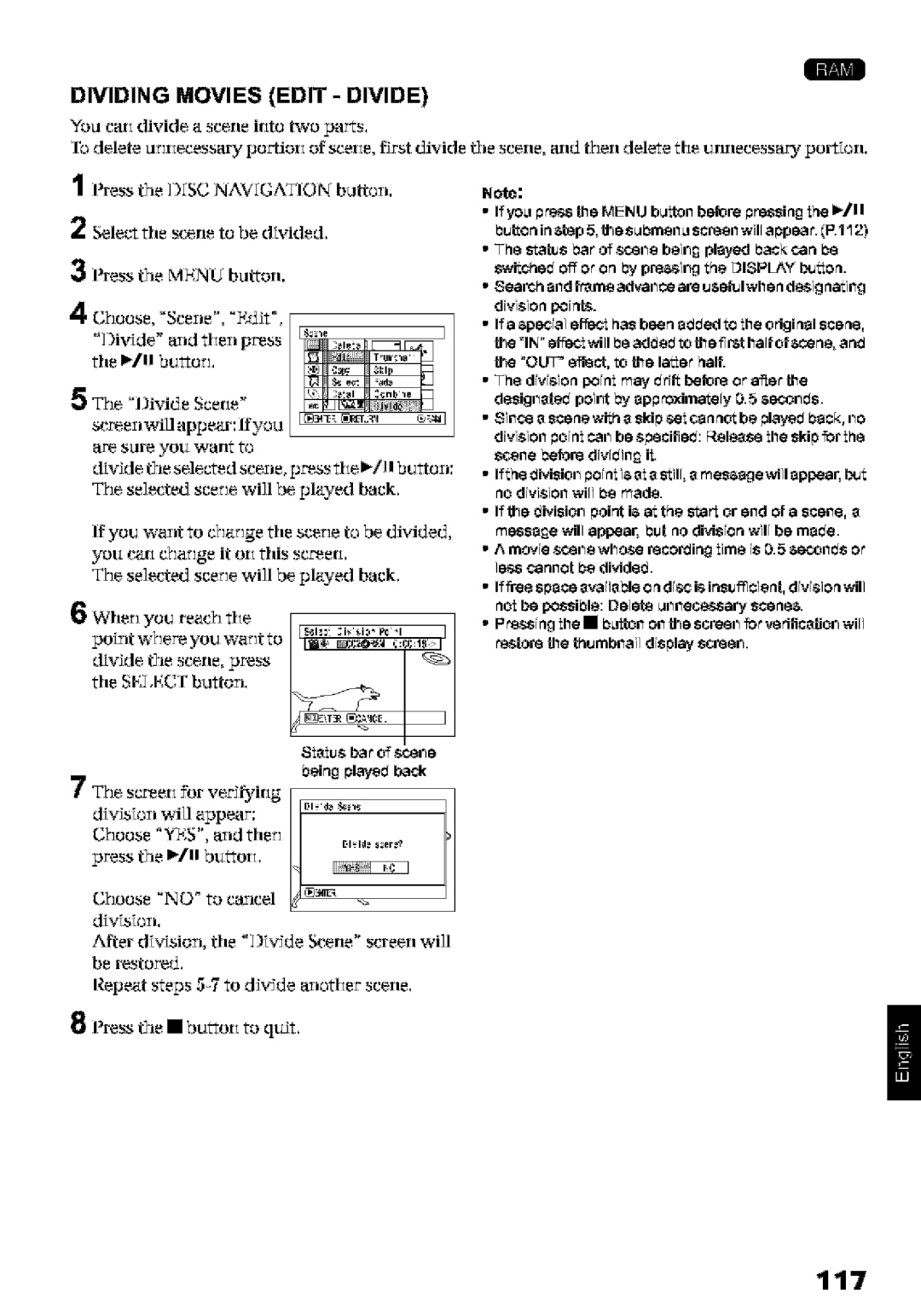 Hitachi DZ-MV580A 117, Dividing Movies Edit Divide, ?,e, e,ifbr verifying, ?loose no to carlel, Press the button to qit 