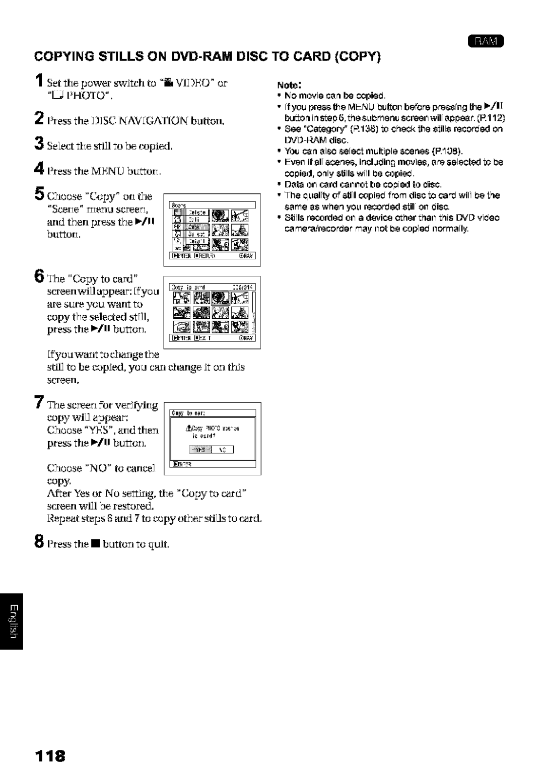 Hitachi DZ-MV580A instruction manual 118, Copying Stills on DVD-RAM Disc to Card Copy, Arid terl preoss te I/11 button 