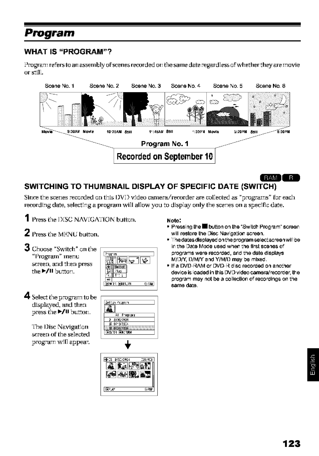 Hitachi DZ-MV580A instruction manual Recordedon September 10, 123, Switching to Thumbnail Display of Specific Date Switch 